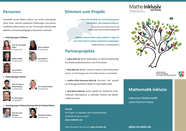 Projektflyer mit Informationen und Bildern zu den jeweiligen Personen hinter ‚Mathe inklusiv‘, „Stimmen zum Projekt“ und „Partnerprojekten“ (pikas.dzlm.de, kira.dzlm.de, mathe-sicher-koennen.dzlm.de, primakom.dzlm.de).