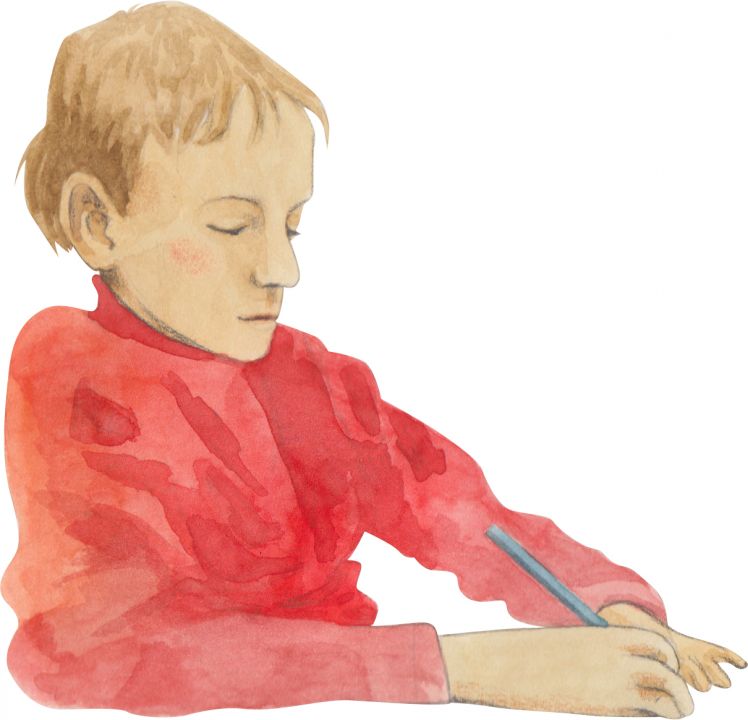 Zeichnung eines Jungen mit einem Stift in der Hand.