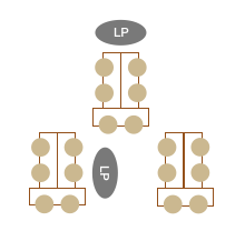 Skizze von drei Tischgruppen, welche in einer Dreiecksform angeordnet sind (oben eine Tischgruppe, unten zwei Tischgruppen). Die Tischgruppen bestehen jeweils aus 2 Rechtecken die vertikal nebeneinander stehen und darunter einem horizontal angeschlossenen Rechteck. Jeweils außen befinden sich 2 Kreise (die Lernenden). Zentral oben über den Tischgruppen ist ein Oval mit LP beschriftet positioniert. Rechts neben der linken unteren Tischgruppe ist ein Oval mit LP beschriftet.