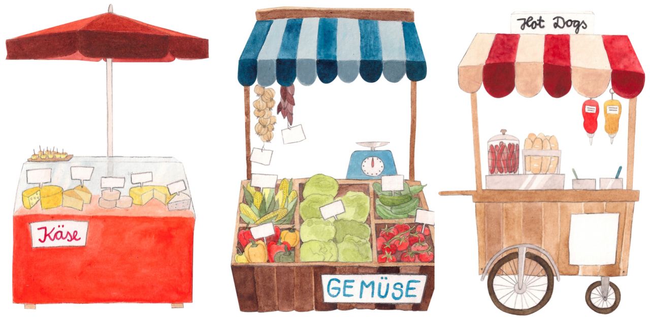 Zeichnung dreier Verkaufsstände. Links: „Käse“, Mitte: „Gemüse“, rechts: „Hot Dogs“. 