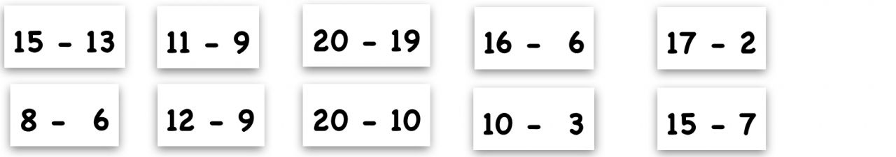 10 verschiedene Karten mit Subtraktionsaufgaben: Erste Reihe: „15 minus 13, 11 minus 9, 20 minus 19, 16 minus 6, 17 minus 2“, zweite Reihe: „8 minus 6, 12 minus 9, 20 minus 10, 10 minus 3, 15 minus 7“. 