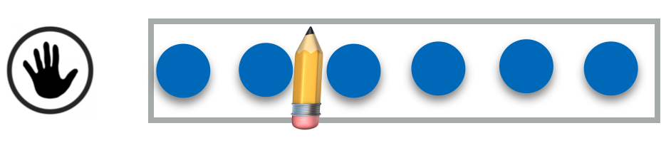 Links: Kreis mit einem Piktogramm einer Hand darin. Rechts davon ein Rechteck mit 6 Plättchen in einer Zeile darin. Zwischen dem zweiten und dritten Plättchen eine Zeichnung eines Bleistifts.