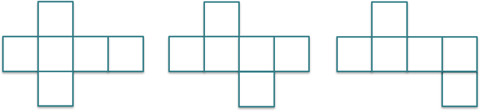 3 verschiedene Sechslinge nebeneinander: Links: 4 kongruente Quadrate nebeneinander. Über dem zweiten Quadrat jeweils ein Quadrat oben und eins unten. Mitte: 4 kongruente Quadrate nebeneinander. Über dem zweiten Quadrat ein Quadrat, unter dem dritten Quadrat ein Quadrat. Rechts: 4 kongruente Quadrate nebeneinander. Über dem zweiten Quadrat ein Quadrat, unter dem vierten Quadrat ein Quadrat.