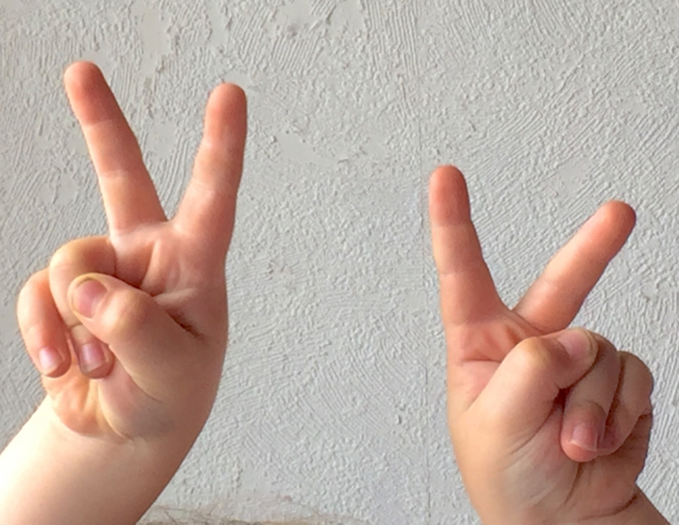 Foto von zwei Kinderhänden. Zeige- und Mittelfinger der beiden Hände sind jeweils ausgestreckt, alle anderen Finger zeigen in die Handinnenfläche.