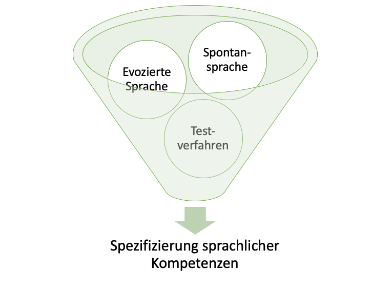 Darstellung eines Trichters, darin 3 Kreise mit den Aufschriften „Evozierte Sprache“, „Spontansprache“ und „Testverfahren“. Darunter Pfeil zu „Spezifizierung sprachlicher Kompetenzen“. 