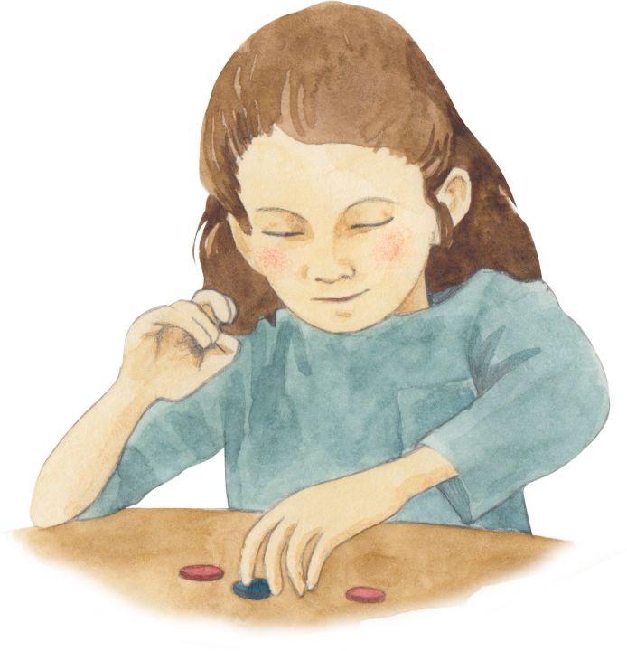 Zeichnung eines Mädchens, die mit zwei roten und einem blauen Plättchen arbeitet.