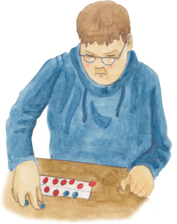 Zeichnung eines Teenagers, der Plättchen in ein Zwanzigerfeld legt.