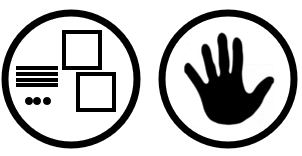 2 Kreise. Darin sind Piktogramme. Links: Dienes-Material. Rechts: Hand. 