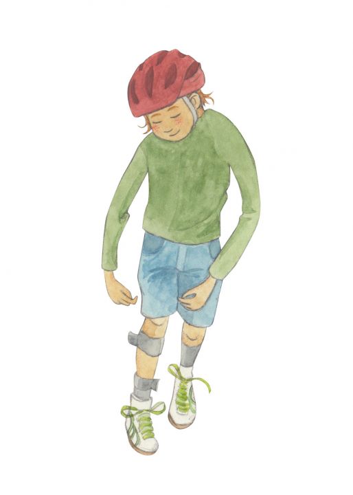 Zeichnung eines Jungen mit Unterschenkel-Orthesen und Helm.