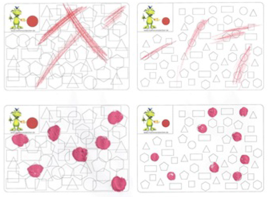 2 mal 2 Arbeitsblätter. Darauf verschiedene geometrischen Figuren, der Rand ist schwarz, sie sind unausgefüllt: Dreiecke, Rechtecke, Sechsecke und Kreise. Die beiden Arbeitsblätter links und rechts sind jeweils identisch. Links überlappen sich die Figuren, rechts nicht. Oben links Kästchen mit der zu suchenden geometrischen Figur, hier: ein roter Kreis. Schülerlösungen Arbeitsblätter oben: Die Kreise wurden durch Striche markiert, aber nicht ausgefüllt. Schülerlösung Arbeitsblatt 3 und 4: Die Kreise wurden rot ausgefüllt.