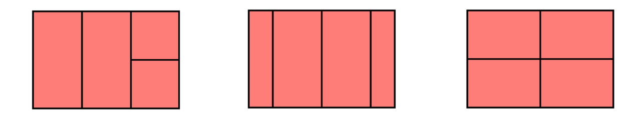 Die Abbildung zwölf zeigt zwei fehlerhafte Lösungen und eine korrekte Lösung zur oben stehenden Aufgabenstellung: Das erste Rechteck ist in drei gleich große Spalten unterteilt. Die letzte Spalte ist zudem quer genau halbiert. Das zweite Rechteck ist in vier Spalten unterteilt. Die beiden äußeren Spalten sind schmal, die beiden mittig liegenden Spalten deutlich breiter. Das dritte Rechteck ist längs und quer halbiert und damit in vier gleich große Felder unterteilt.