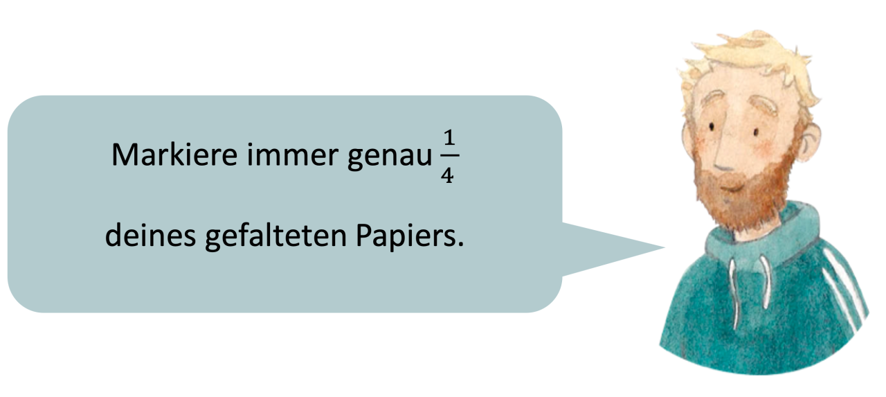 Die Abbildung zeigt einen Lehrer mit einer Sprechblase. Er sagt: Markiere immer genau ein Viertel deines gefalteten Papiers.