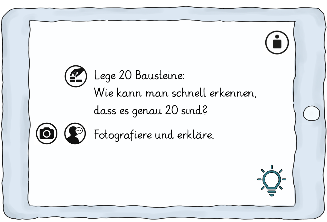 Angepasste Aufgabenstellung auf Tablet. Rechts oben Symbol für Einzelarbeit.
Arbeitsauftrag Teil 1: „Lege 20 Bausteine: Wie kann man schnell erkennen, dass es genau 20 sind?“ Links daneben Symbol: Hand, die Bausteine legt. Arbeitsauftrag Teil 2: „Fotografiere und erkläre.“ Links daneben zwei Symbole: eines mit einer Kamera, eines mit einer Person und Sprechblase.