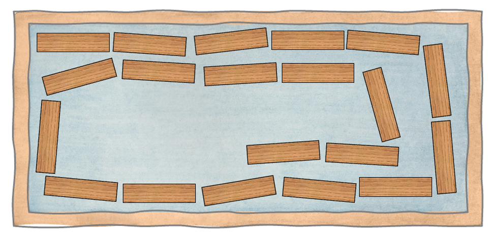 Anordnung von 20 Bausteinen in Form einer spiralförmigen Schlange.