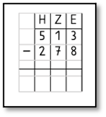 Schriftlicher Algorithmus in Stellenwerttafel: „513 minus 278“.