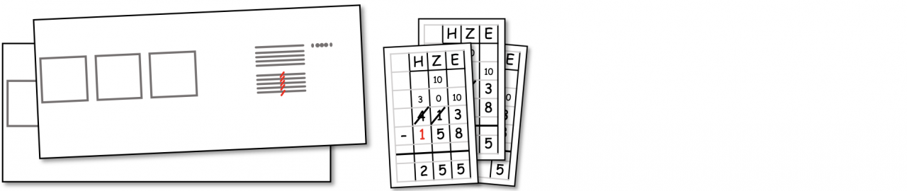 Links: Stapel mit Zahlbildern (Hunderter = Quadrat, Zehner = waagerechte Linie, Einer = Punkt). Rechts: Stapel mit schriftlichem Algorithmus in Stellenwerttafeln.