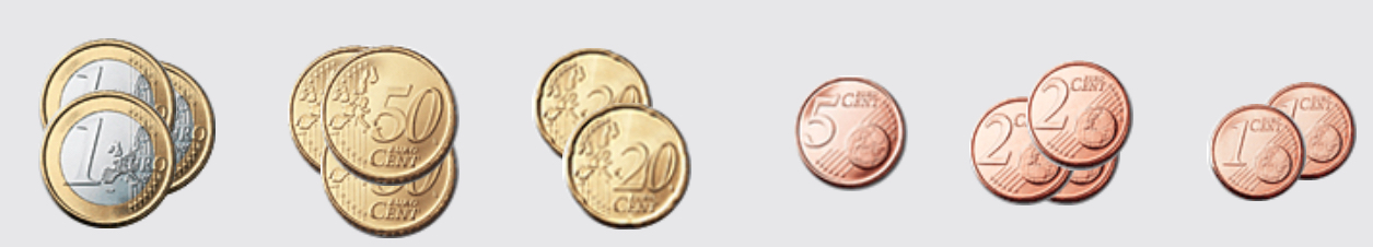 Sortierung der Münzen nach Wert: 3 Eineuromünzen, 3 50-Cent Münzen, 2 20-Cent Münzen, 1 5-Cent Münze, 3 2-Cent Münzen, 2 1-Cent Münzen.