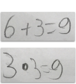 Schülerlösung: „6 + 3 = 9“, „3 mal 3 = 9“ (mal als Wort).