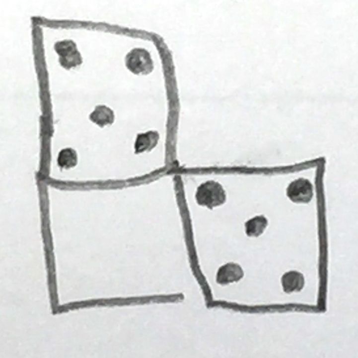 Schülerlösung: Drei Quadrate in L-Form aufgemalt. Im oberen und rechten Quadrat Würfelbild der Zahl 5.