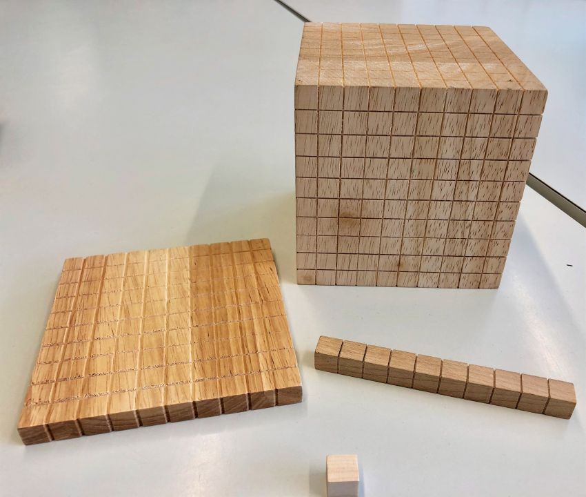 Foto von Dienes-Material: ein Einerwürfel, eine Zehnerstange (10 Einerwürfel), eine Hunderterplatte (10x10 Einerwürfel), ein Tausenderwürfel (10x10x10 Einerwürfel). 