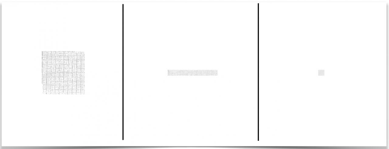 Eine weiße Unterlage ist durch 2 schwarze vertikale Linien in 3 Teile getrennt. Links: eine Hunderterplatte (in grau). Mitte: eine Zehnerstange (in Grau). Rechts: ein Einerwürfel (in Grau).
