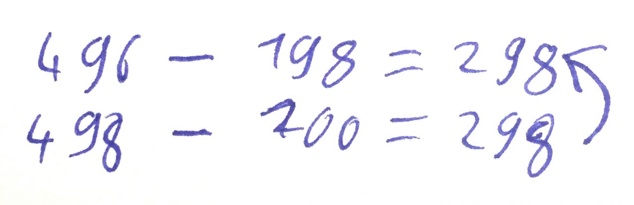 Schülerlösung: „496 minus 198 = 298“, darunter „498 minus 200 = 298“. 