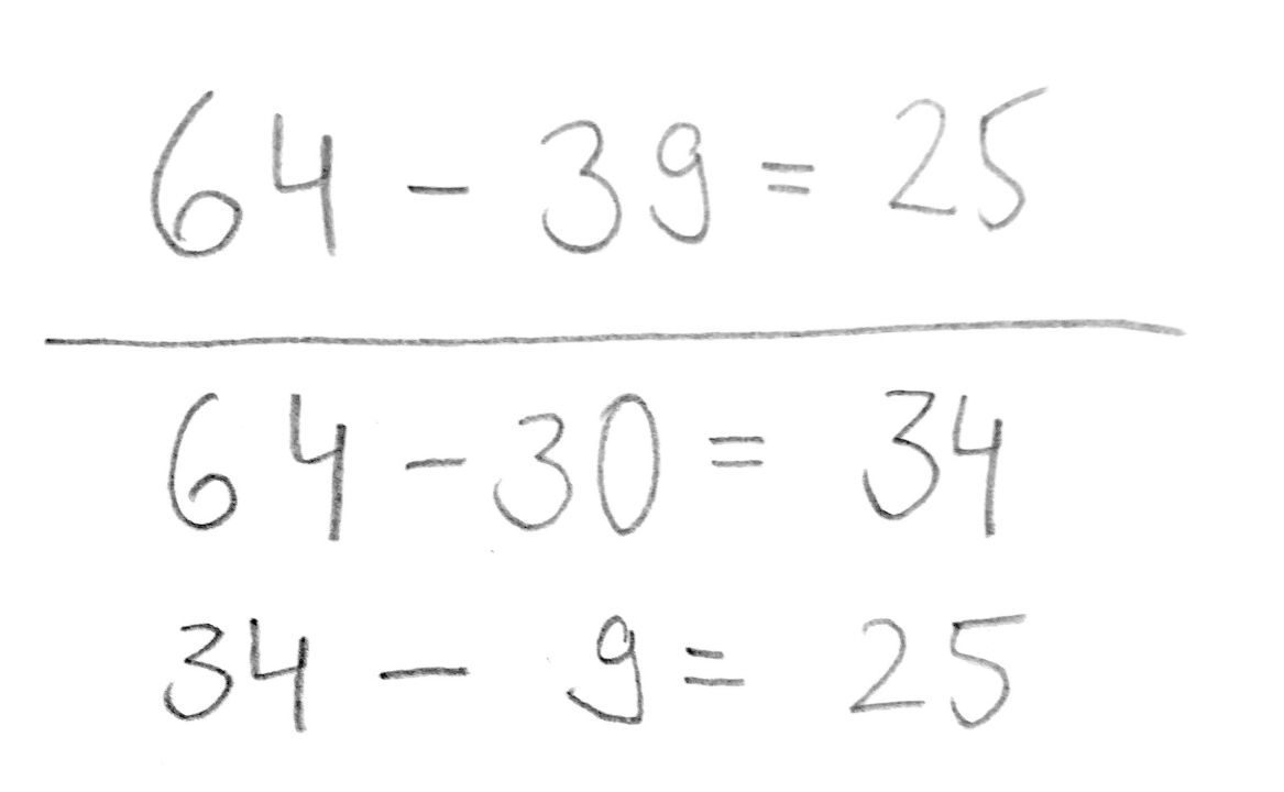 Schülerlösung: „64 minus 39 = 25“, darunter „64 minus 30 = 34, 34 minus 9 = 25“. 