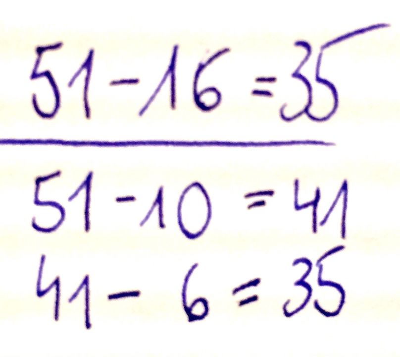 Schülerlösung: „51 minus 16 = 35“, darunter „51 minus 10 = 41, 41 minus 6 = 35“. 