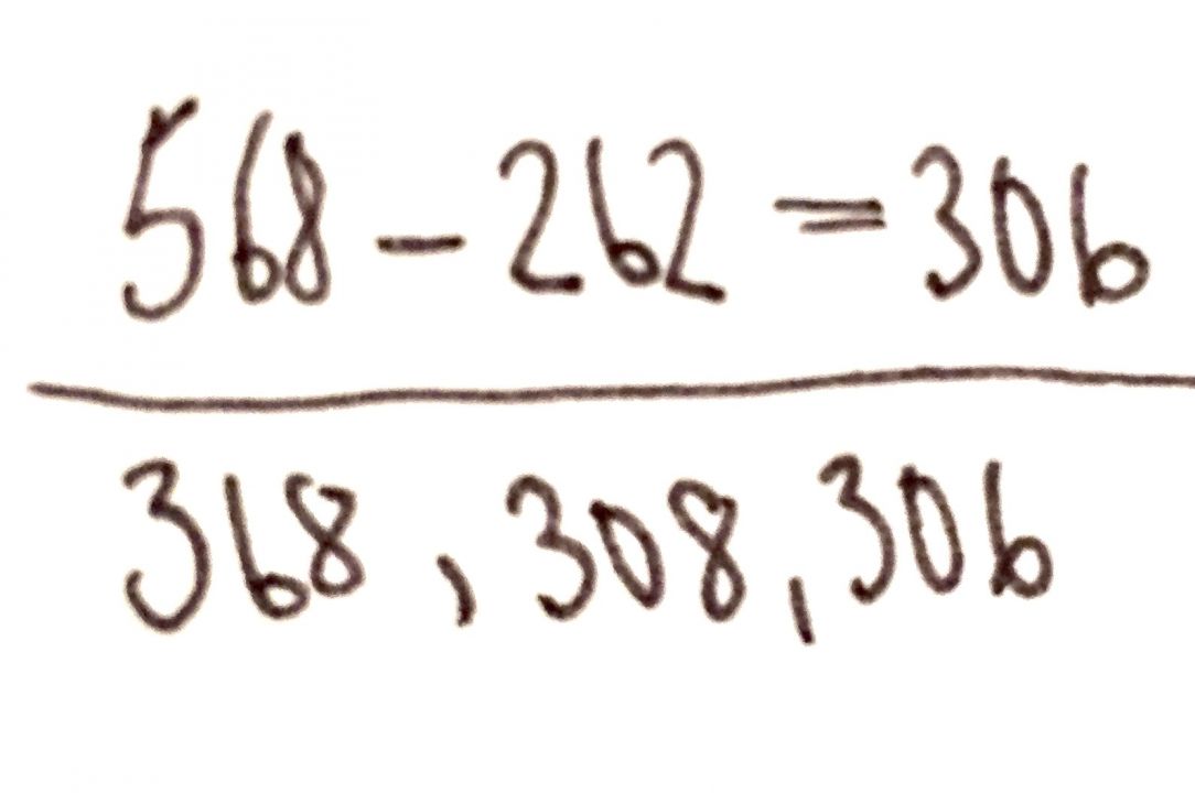 Schülerlösung: „568 minus 262 = 306“, darunter nebeneinander „368, 308, 306“. 