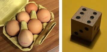 Zwei Fotos nebeneinander. Linkes Foto: Ein 6er-Eierkarton mit 6 Eiern darin. Rechtes Foto: Ein Holzwürfel, die obere Seite zeigt das Würfelbild der Zahl 6.