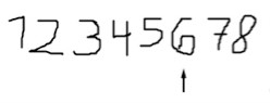Reihe aus Ziffern in Kinderschrift: „1,2,3,4,5,6,7,8“. Ein Pfeil zeigt von unten auf die Zahl 6.