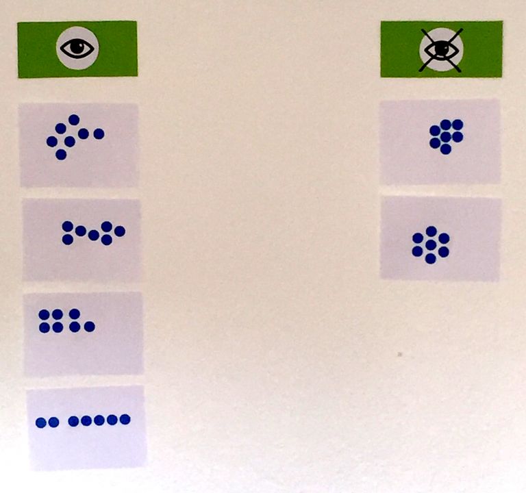 Zwei Spalten. Links eine Karte mit dem Piktogramm eines Auges, rechts ein durchgestrichenes Auge. Darunter jeweils verschiedene Plättchenanordnungen bestehend aus sieben Plättchen.