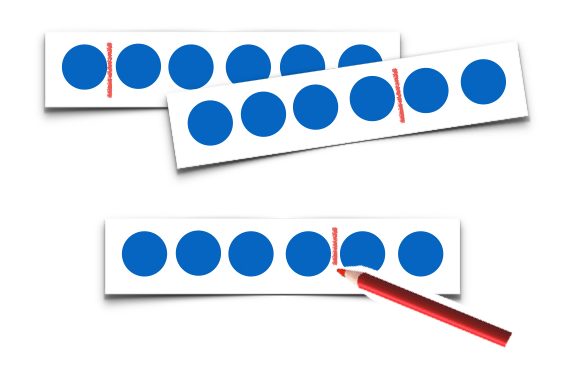 3 Streifen mit jeweils 6 Plättchen nebeneinander und rotem Strich an verschiedenen Stellen. Oberer Streifen: Zerlegung 1 und 5, mittlerer Streifen: Zerlegung 4 und 2, unterer Streifen: 4 und 2. Ein roter Stift am roten Strich.