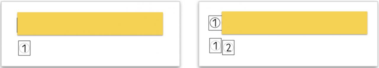 Zwei Abbildungen. Links: Oben ist ein gelber horizontaler Balken zu sehen. Darunter liegt ganz links eine Zahlenkarte mit der Zahl 1  Rechts: Oben ist ein gelber horizontaler Balken zu sehen. Links neben dem Balken ist die erste Zahl einer Zahlenreihe aufgedeckt (ein Kreis beschriftet mit der 1). Links unter der Zahlenreihe liegt eine Zahlenkarte mit der Zahl 1 . Rechts neben der Zahlenkarte liegt eine weitere Zahlenkarte mit der Zahl 2. 