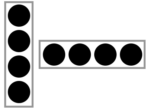 Zwei Streifen mit jeweils vier Plättchen. Ein Streifen liegt vertikal, der andere horizontal.