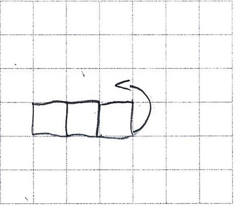 Schülerlösung zur Aufgabe 1: Es wurden drei horizontal aneinanderliegende Quadrate auf ein Gitternetz aufgezeichnet. Am Ende des dritten Quadrats wurde ein gebogener Pfeil, welches auf das Kästchen darüber zeigt, gezeichnet.