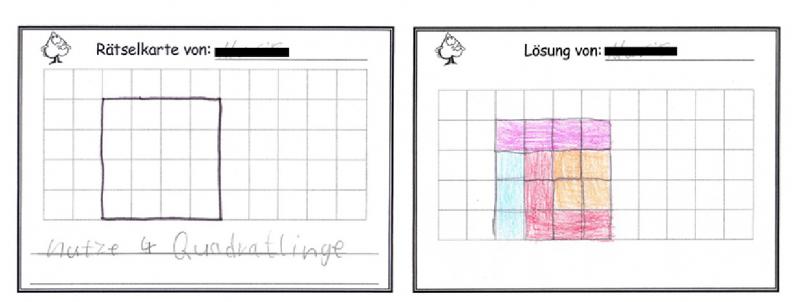 Von einem Kind erstellte Rätselkarte: Oben „Rätselkarte von:“, darunter leeres 4 mal 4 Quadrat. Darunter die Aufgabe: „Nutze 4 Quadratlinge“. Rechts daneben die Lösungskarte: „Lösung von:“, darunter ausgefülltes 4 mal 4 Quadrat.