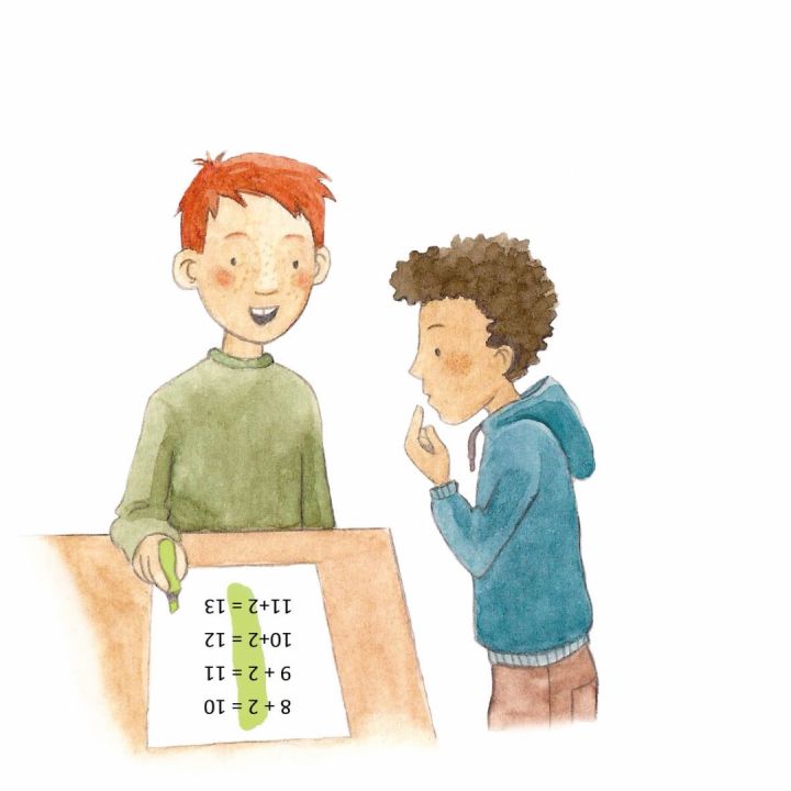 Zeichnung eines Kindes, welches einem anderen Kind auf einem Blatt die Zusammenhänge in einem schönen Päckchen zeigt. Die entscheidenden Stellen (zweiter Summand bleibt gleich, hier 2) wurden in Grün eingefärbt.