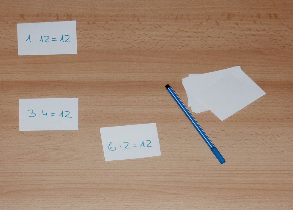 Links drei beschriebene Kärtchen mit den Aufgaben: 1 mal 12 = 12, 3 mal 4 = 12, 6 mal 2 = 12. Rechts daneben ein Stapel weiterer beschreibbarer Karten sowie ein Stift.