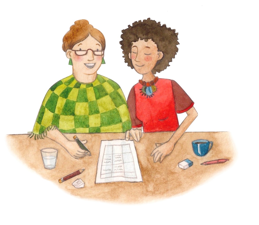 Zeichnung von zwei Frauen an einem Tisch. Beide schauen auf ein vor ihnen liegendes Blatt Papier. Eine Frau hält einen Stift in der Hand.