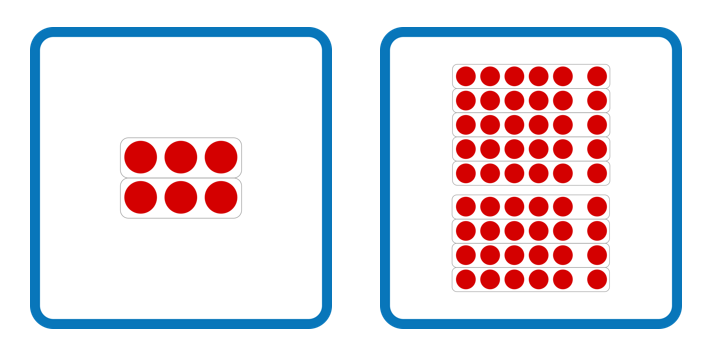Links: Memorykarte mit 2 mal 3 Punktefeld. Rechts: Memorykarte mit 9 mal 6 Punktefelder (jeweils nach der fünften Spalte sowie Zeile ist eine kleine Lücke).
