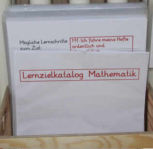Laminierte Kärtchen in einer Holzschachtel. Aufschrift: Lernzielkatalog Mathematik. Auf den Kärtchen stehen Lernziele, z.B. „Ich führe meine Hefte ordentlich“. 