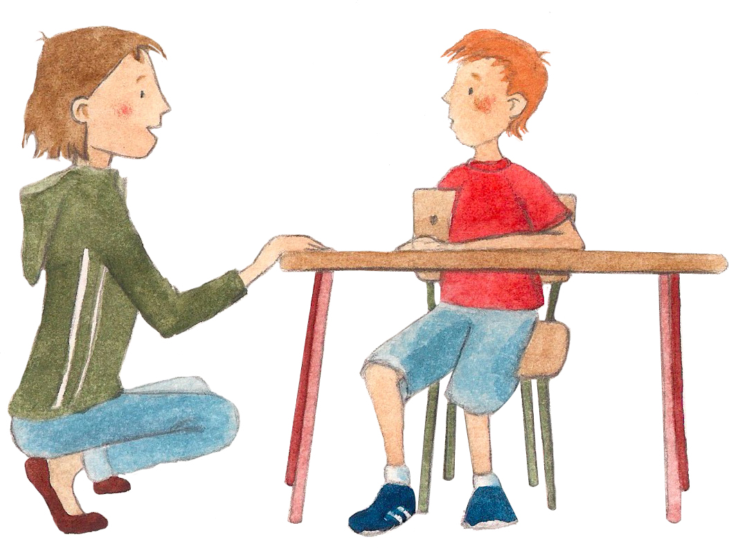 Zeichnung einer Frau und eines Kindes. Das Kind sitzt an einem Tisch. Die Frau sitzt in der Hocke daneben und schaut das Kind an.